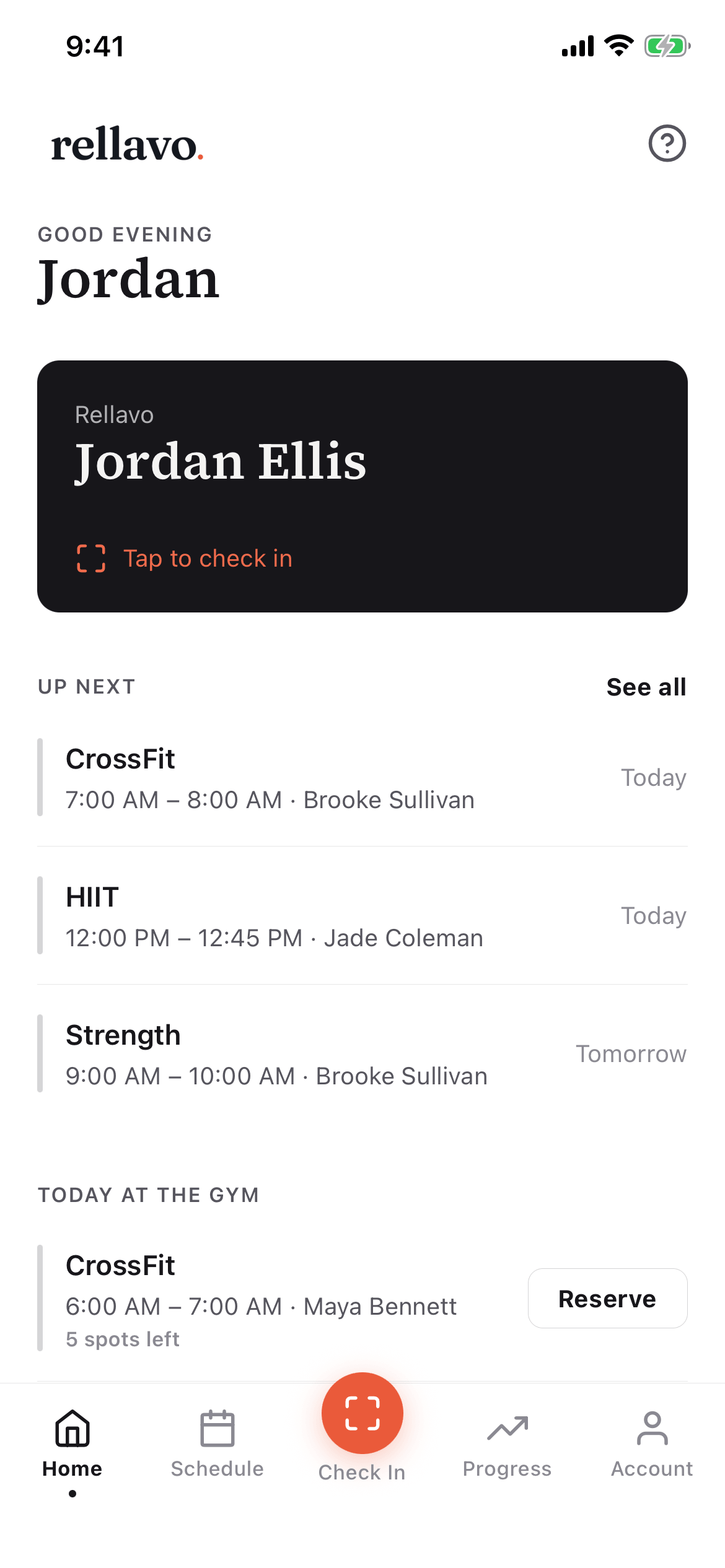 Rellavo member app showing a studio schedule and class booking.